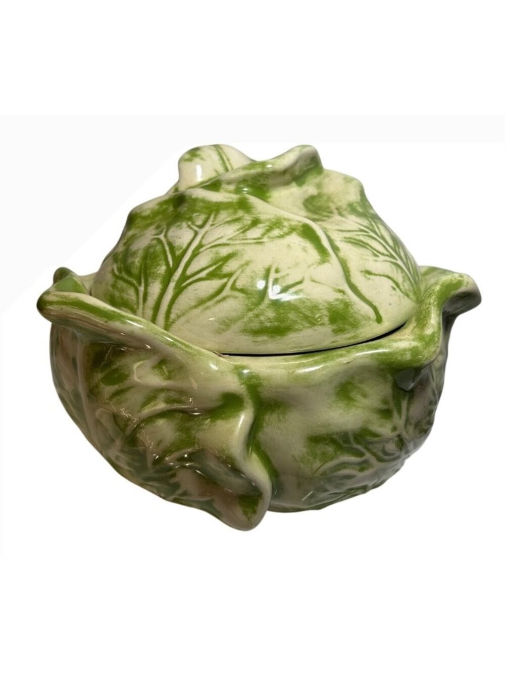 Cabbage Shaped Ceramic Tureen With Lid Green & White Leaf Holland Mold Vintage